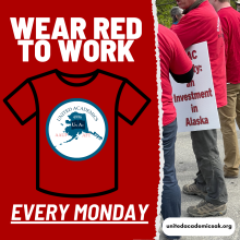 Wear red to work with outline of red tshirt and unac logo and a photo of people wearing red and holding unac signs